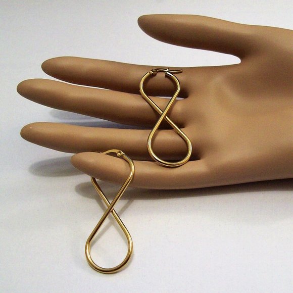 Twisted Double Hoop Pierced Earrings Gold Tone Vintage Long Thin Band Stainless - Picture 10 of 10